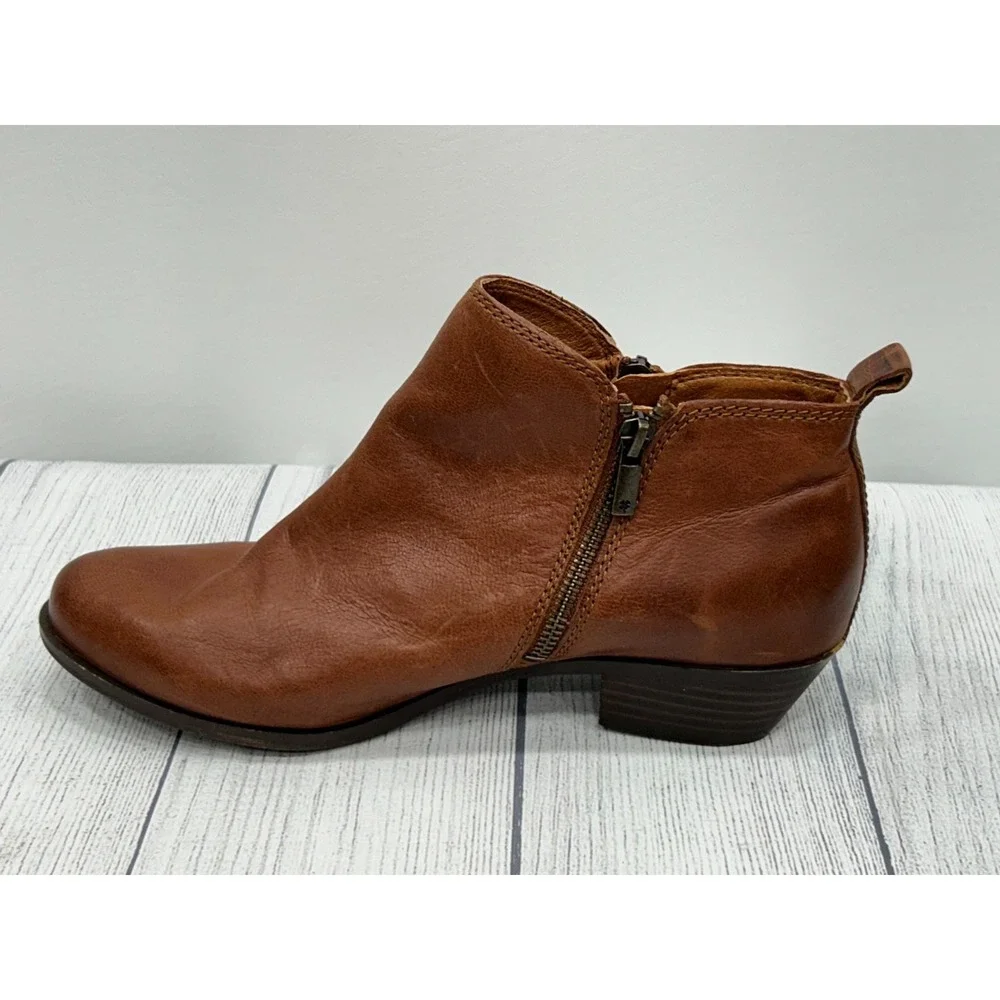 Lucky Brand Basel Ankle Boots Womens 10M Brown Leather Side Zip‎ Block Heel